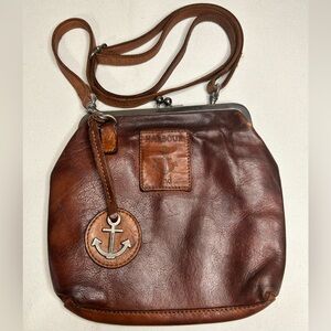 Harbour 2Nd Rosalie Cognac brown leather distressed kiss lock crossbody bag.